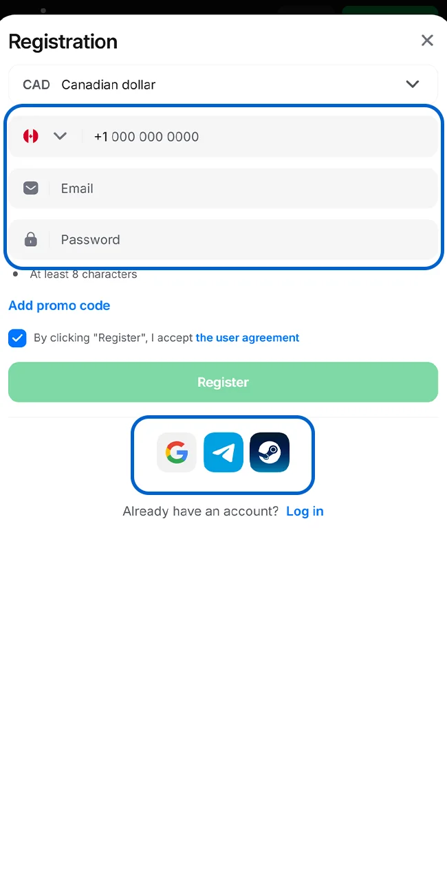 Choose how to create your 1win account.