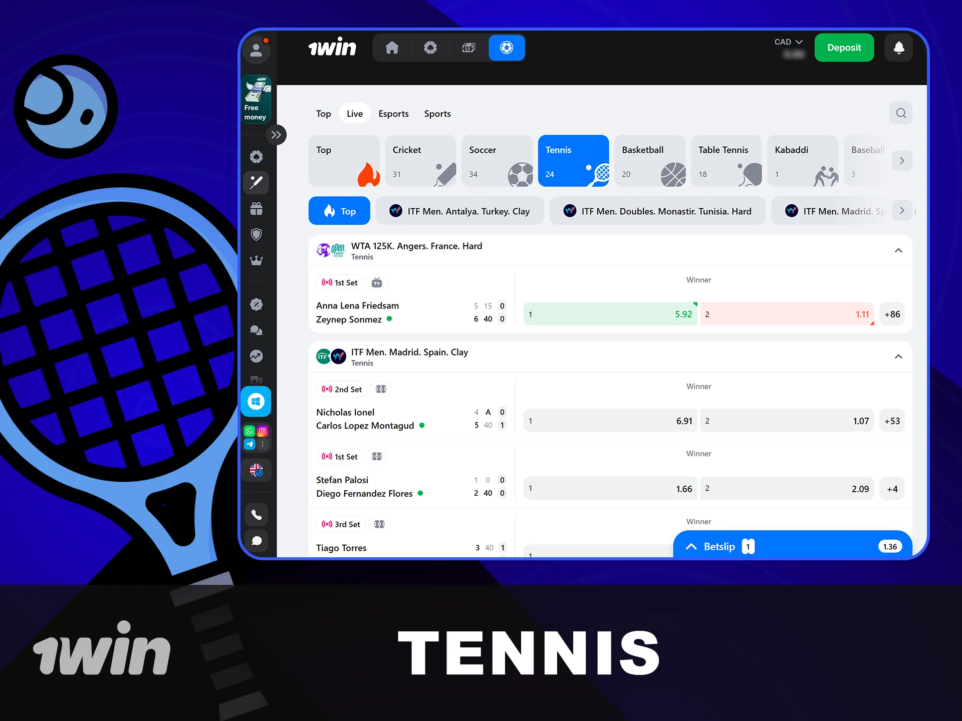 Place your Tennis bets with 1win now.